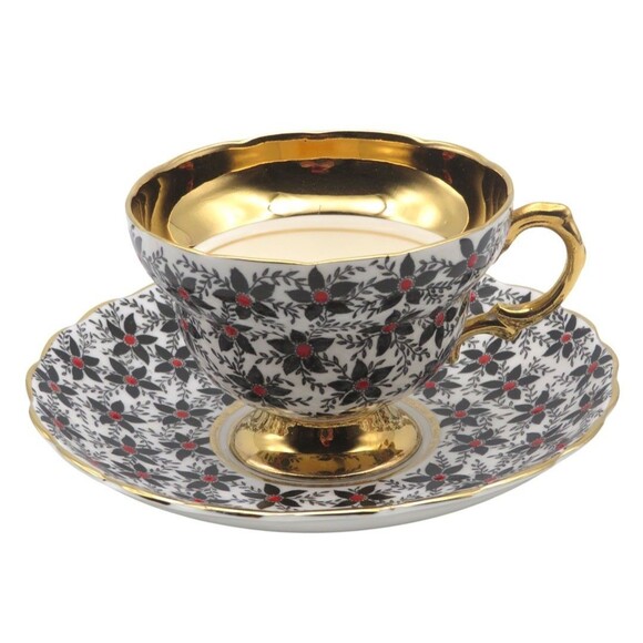 Vintage Rosina Footed Teacup and Saucer Black Chintz Floral Gold Band England - Picture 1 of 10